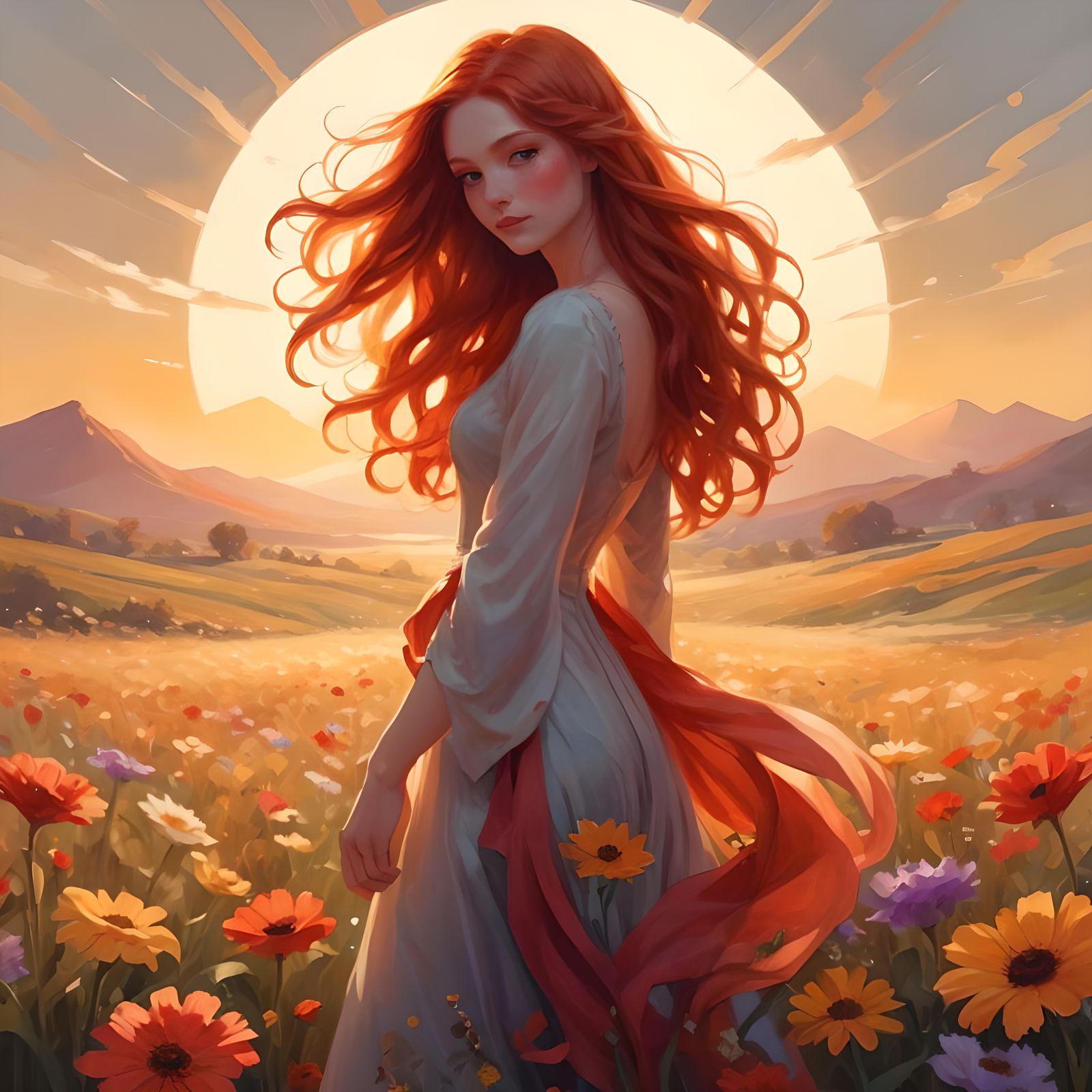 Fairy Tale Woman in Flower Field at Sunset
