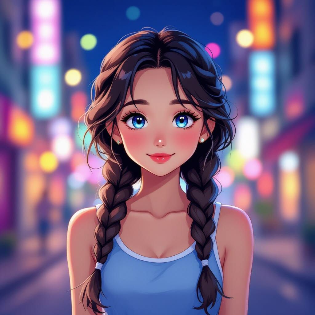 Anime Girl with Bubble Braids in Neon City
