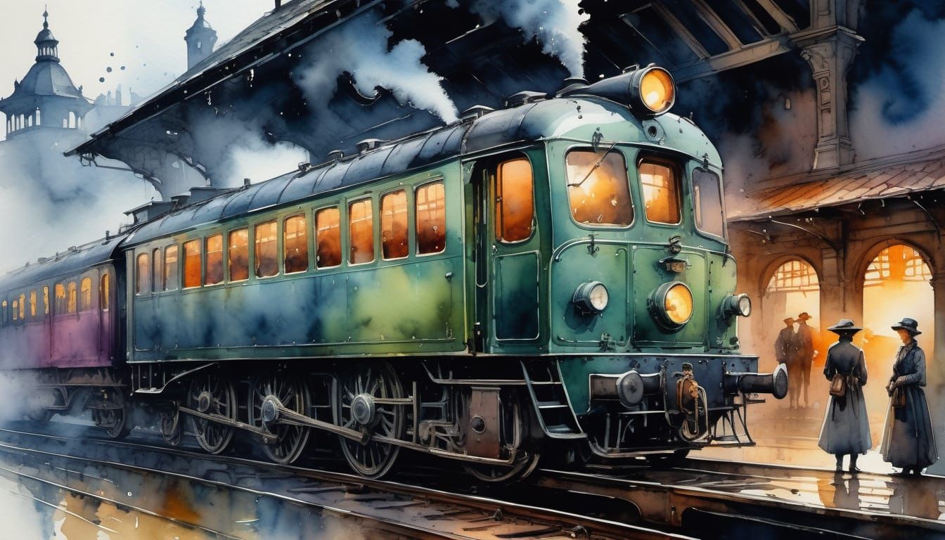 Family Awaits Train: Watercolor Ink Painting