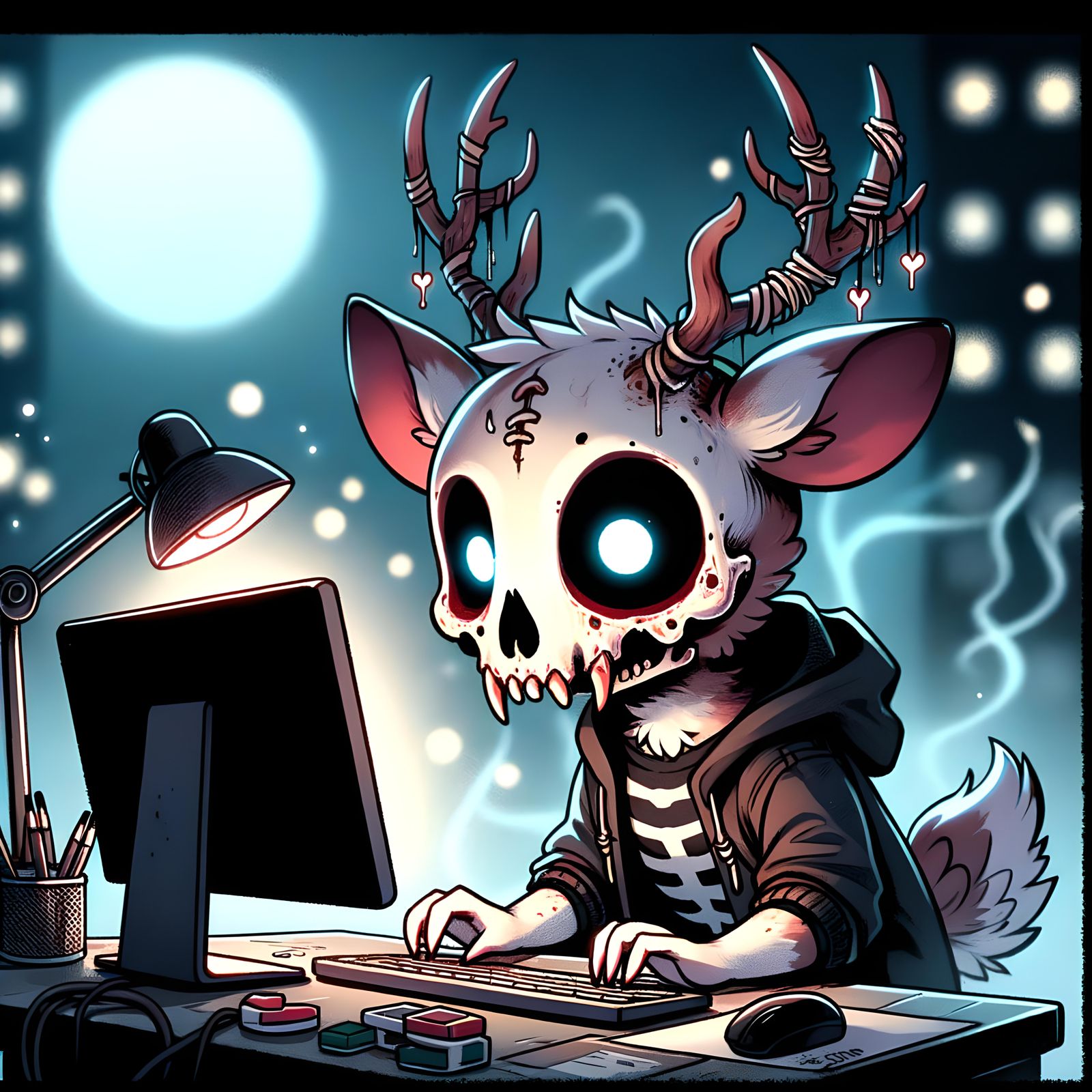 Chibi Undead Deer Working Late, Watercolor Painting