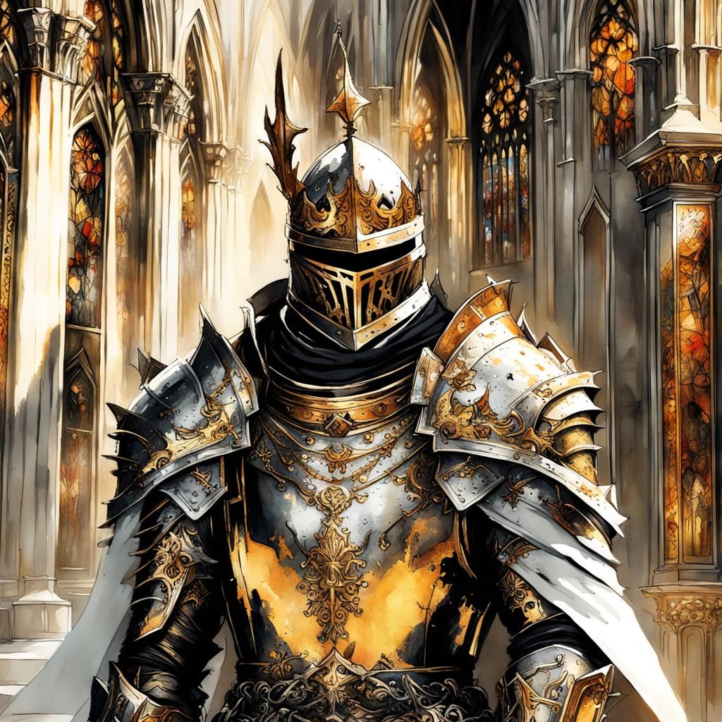 Gothic Knight Praying in Cathedral Sunlight