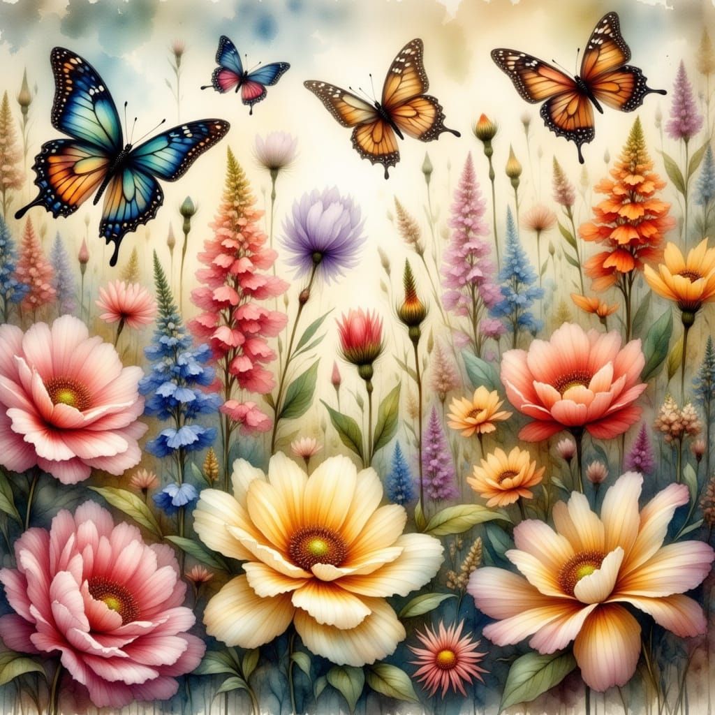Iridescent Butterflies in a Vibrant Antique Garden