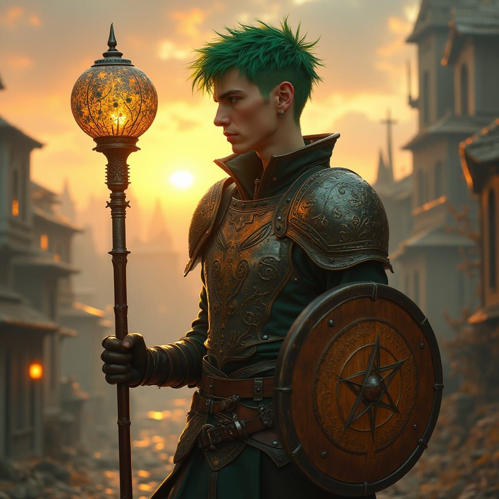 Eladrin Druid in Autumn Cityscape with Celestial Accents