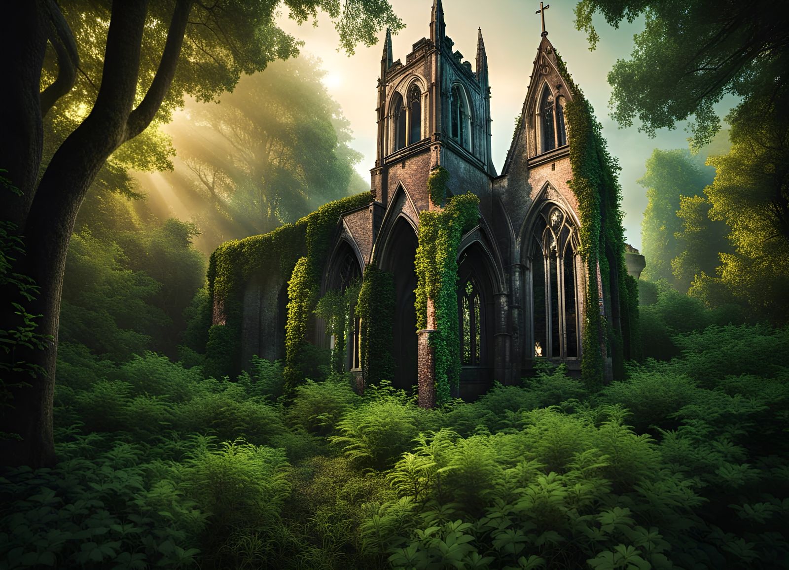 A gothic church Ruin that stands hidden deep in the forest