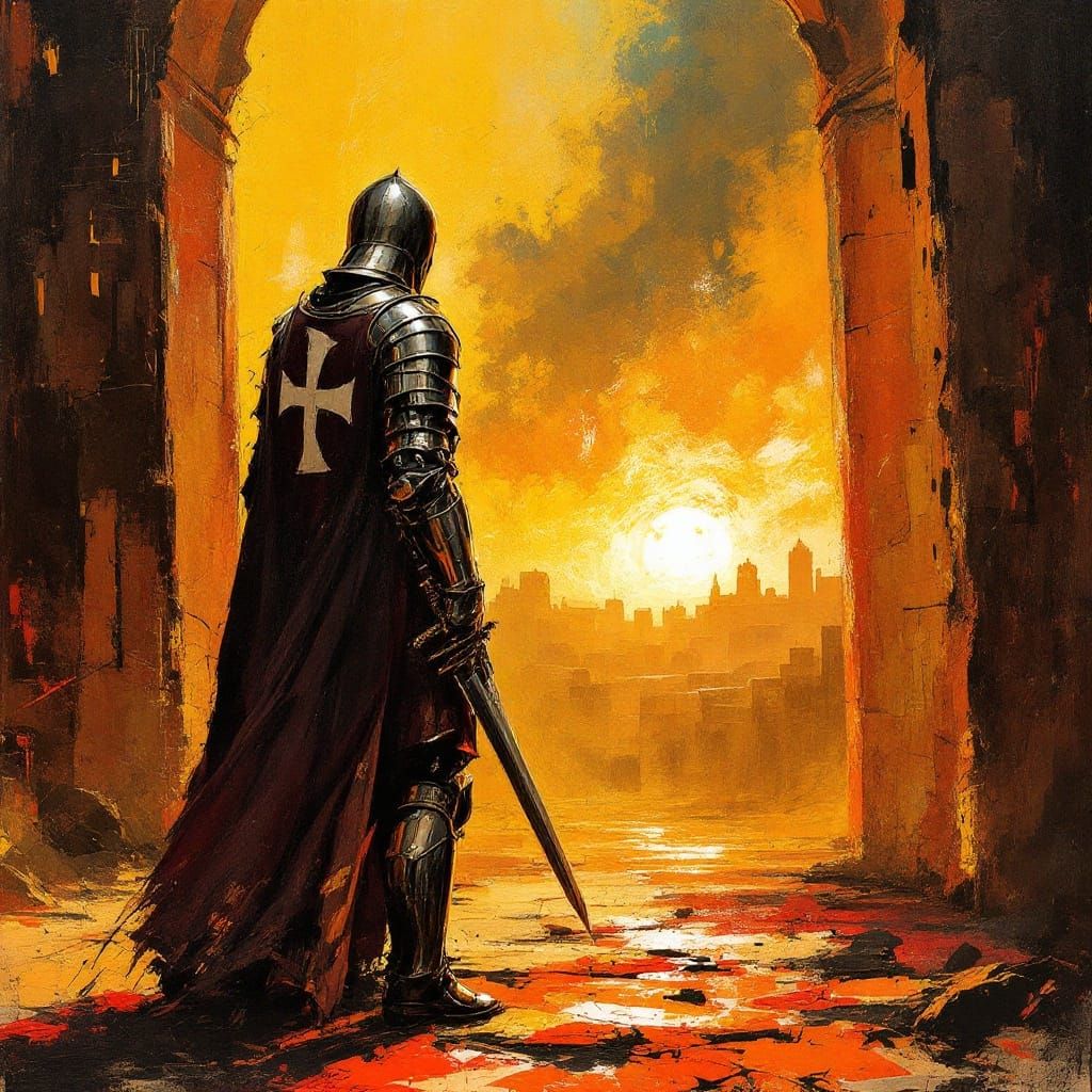 Templar Knight Approaches Jerusalem: Abstract Oil Painting