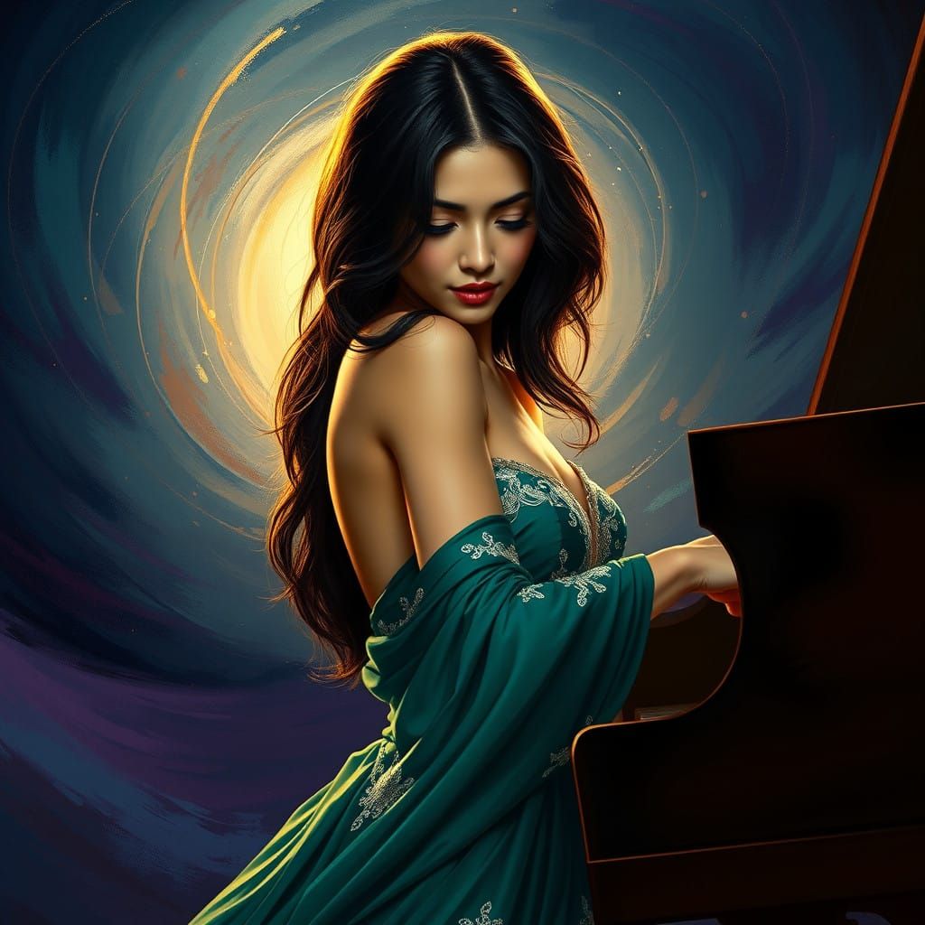 Elegant Woman Lost in Musical Expression