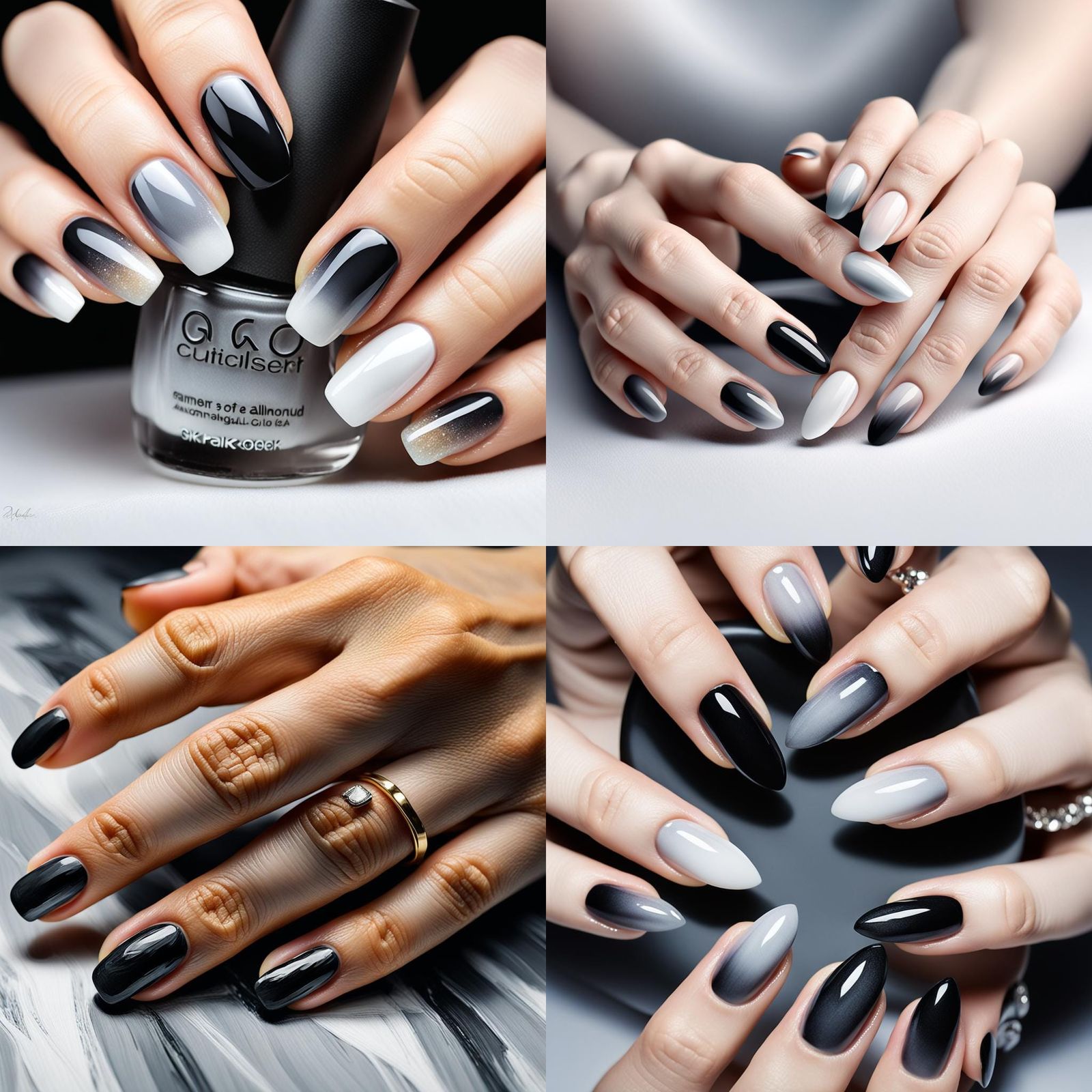 Ombre Black to White Fade on Almond Nails