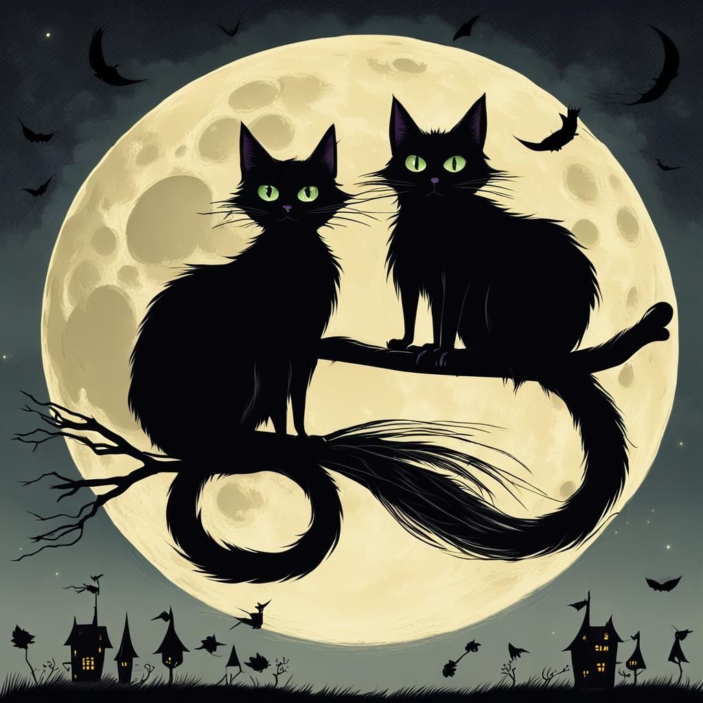 Black Cats' Moonlit Flight in Burtonesque Cartoon Style