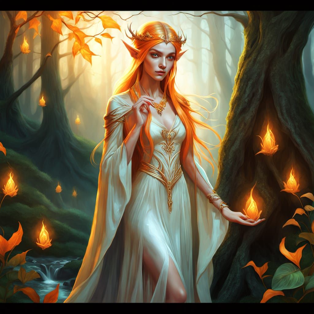 Elegant Elf Sorceress in Orange Dress: Oil Painting
