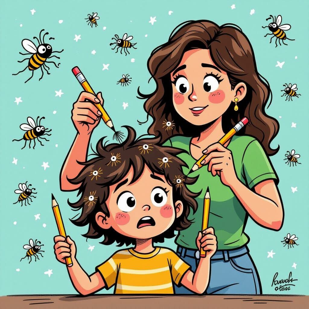 Humorous Scene of Mother Removing Lice from Child's Hair