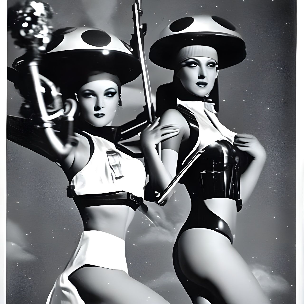 Android Burlesque Pilots in Retrofuturist Spaceship