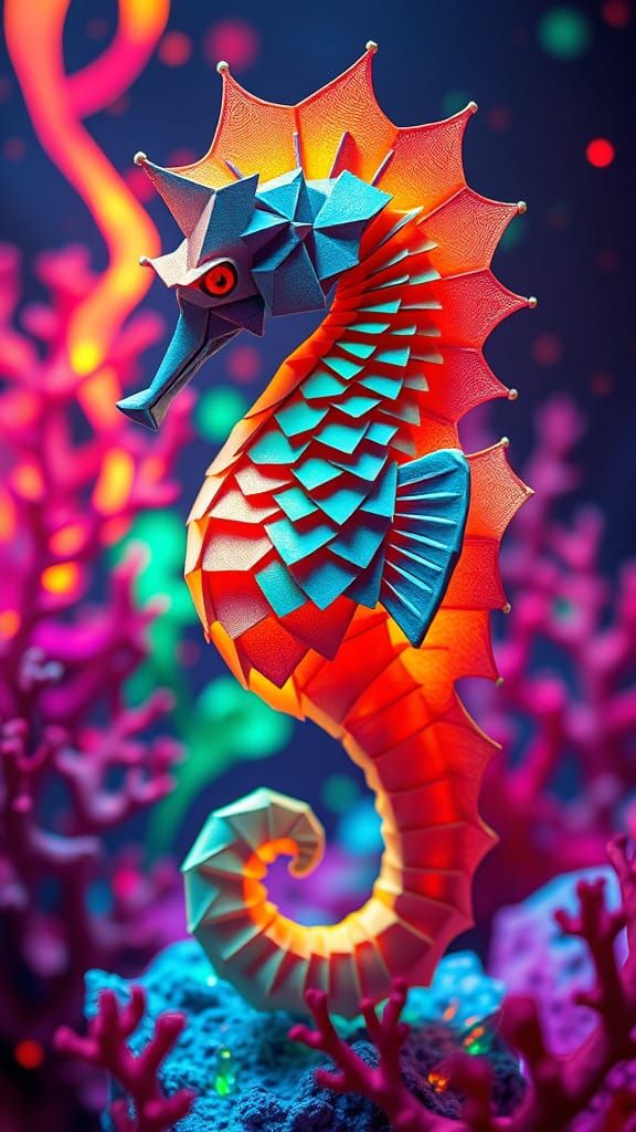 Origami Sea Horse with Synthwave Patterns