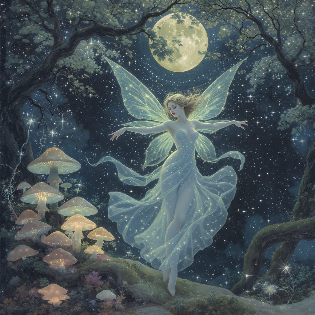 Ethereal Fairy Dance in Moonlit Forest: Pre-Raphaelite Style
