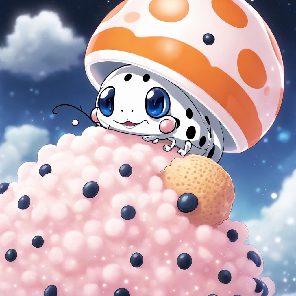 Ladybug Climbs Ice Cream Cloud in Anime Style