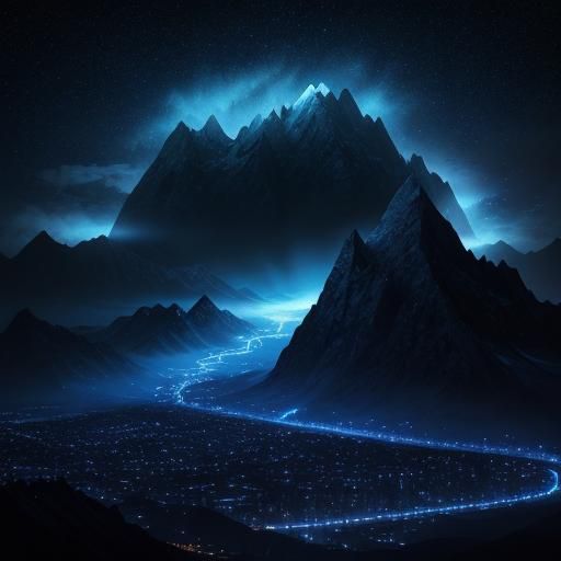 Mystical Low Poly Moonscape with Glowing Mountains