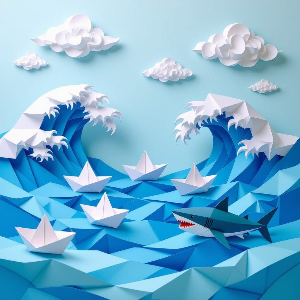 Paper Ocean with Origami Boats and Sharks in 3D