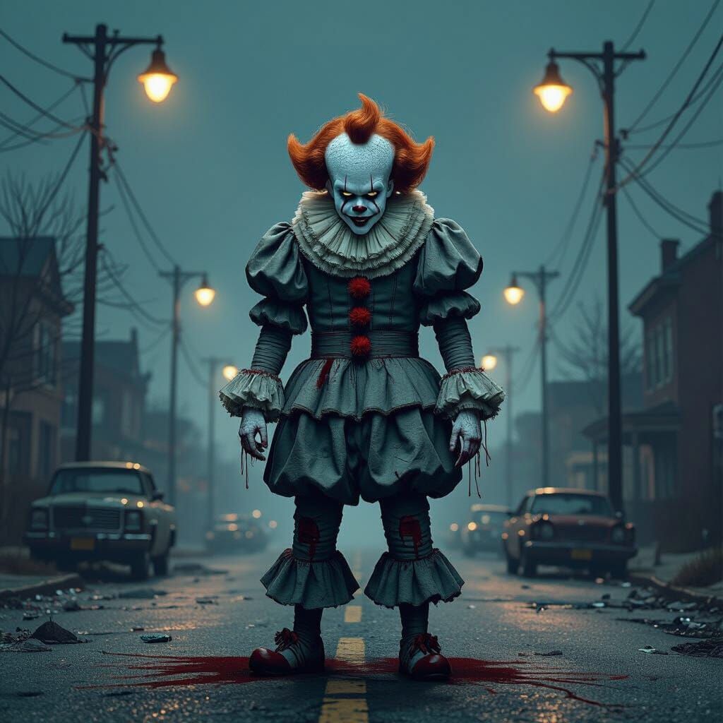Pennywise in Blood-Soaked Suit on Abandoned Street