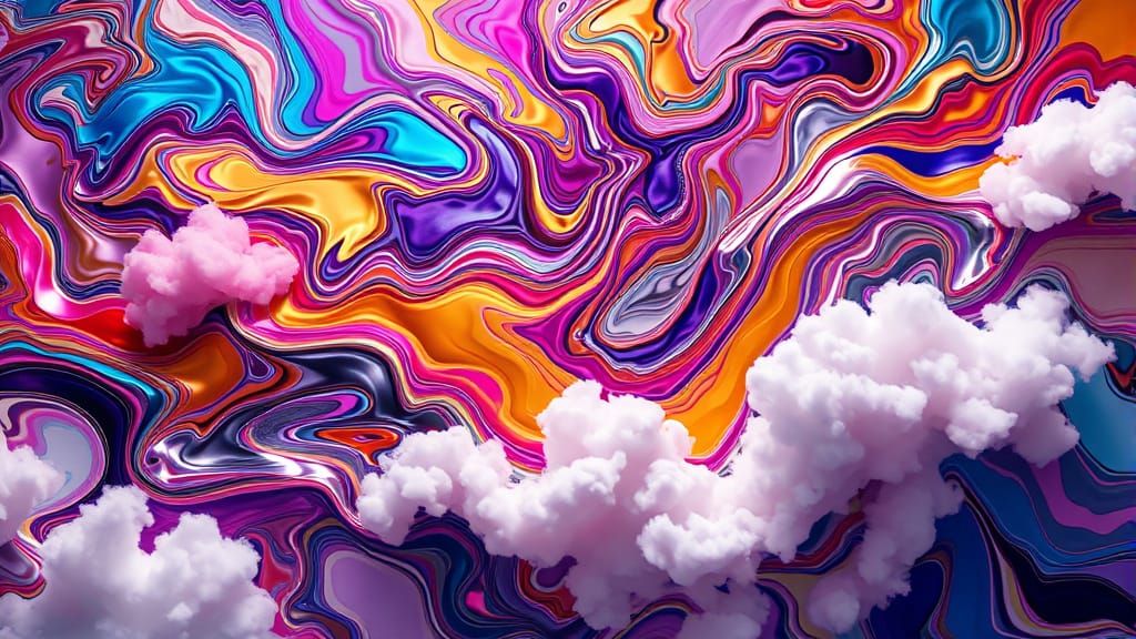 Abstract Chrome and Liquid Metal Swirl in Ethereal Clouds