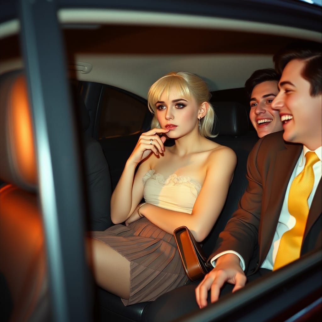 Young Man in Pleated Miniskirt, Surrounded by Friends in a C...