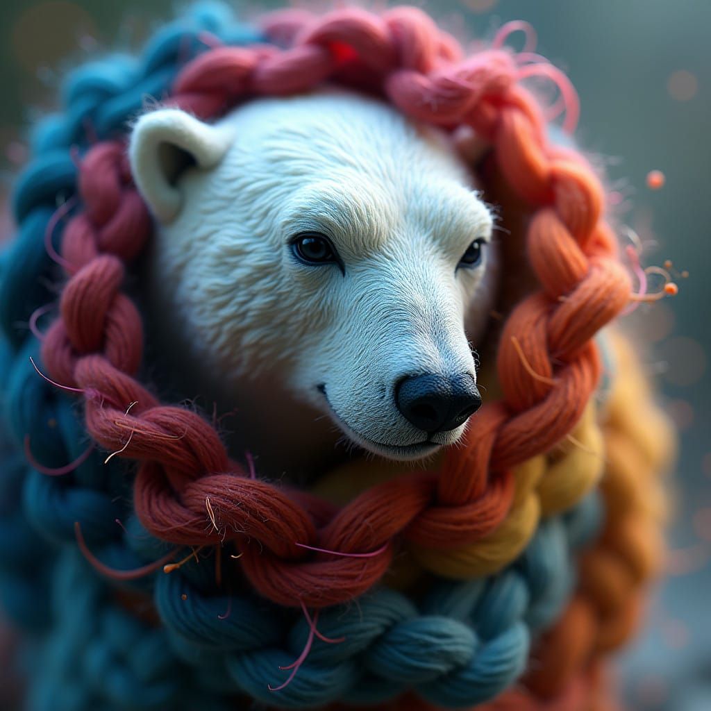 Ethereal Felted Wool Art of a Polar Bear in Delicate Webs