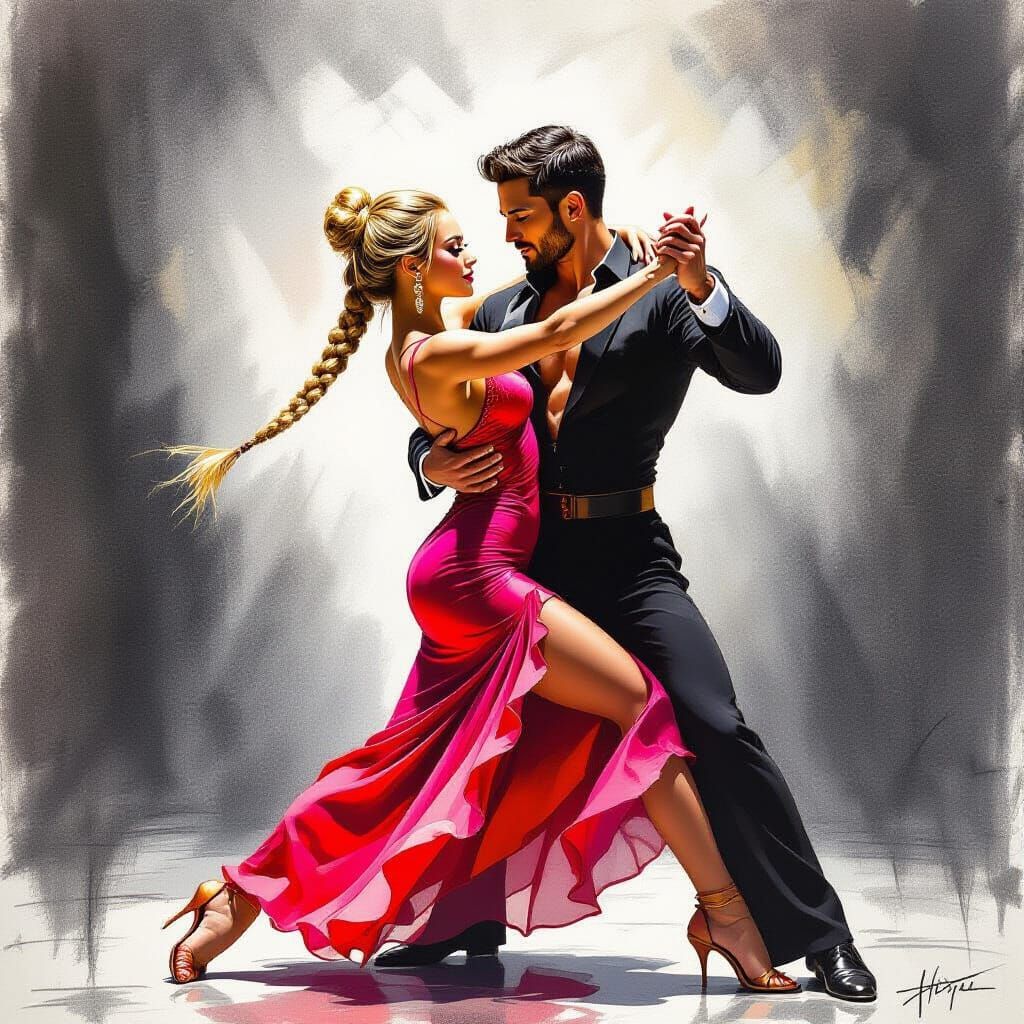 Dramatic Rumba Lift in Charcoal Drawing Style