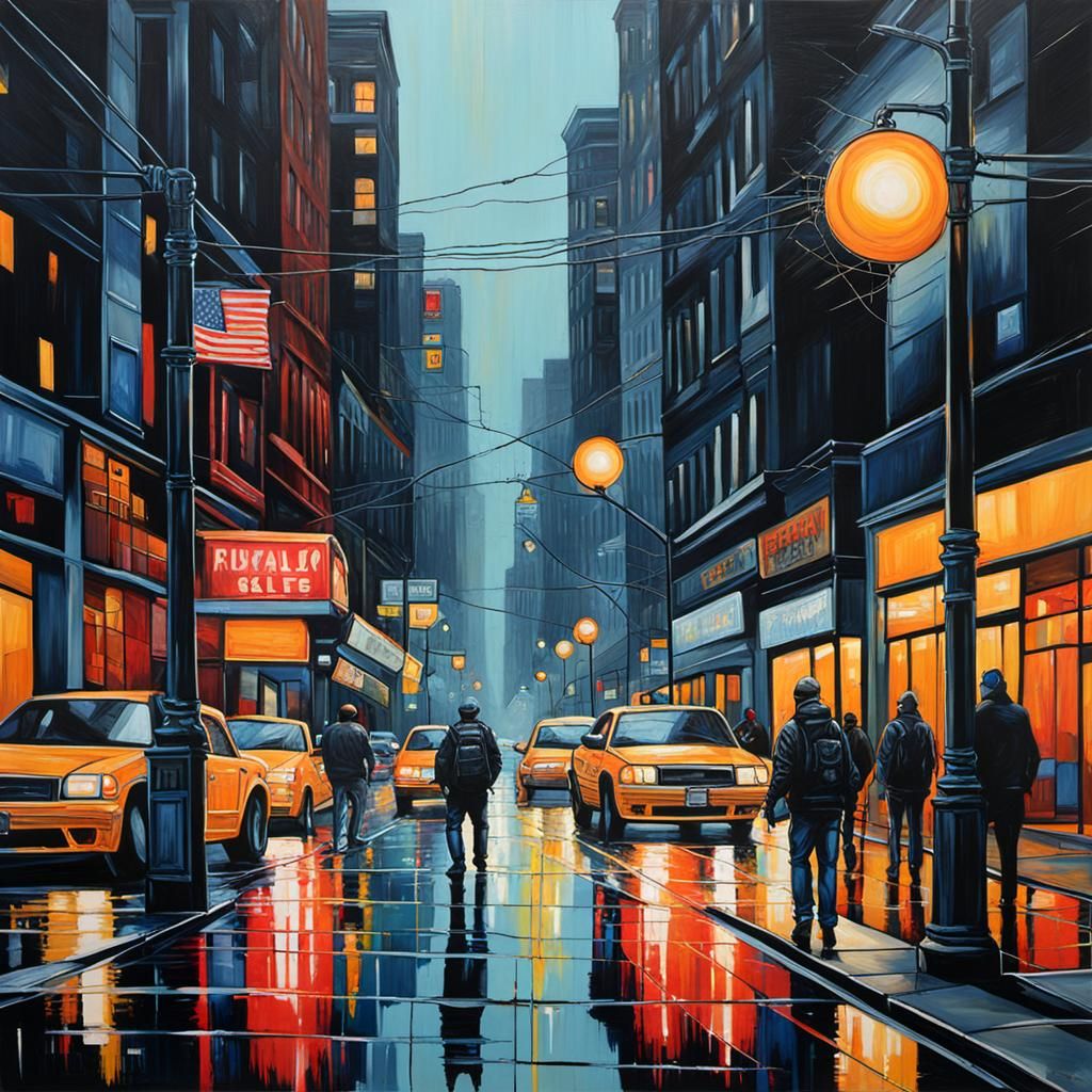 Hyperrealistic City Street Scene on Saturday Night