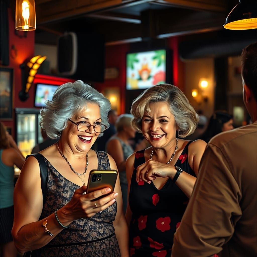 Two Women Smile at Phone in Bar, Pointing at Man