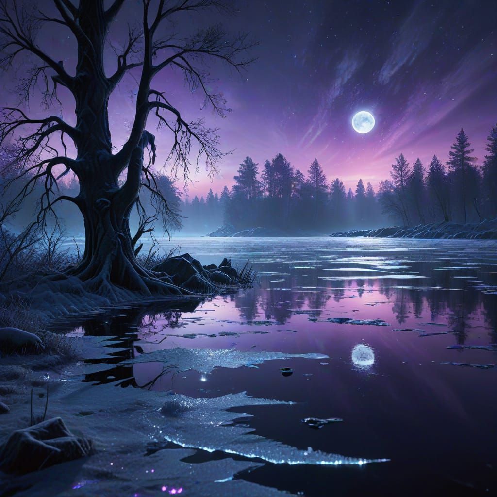 Ethereal Northern Lights Over Frozen Lake at Night