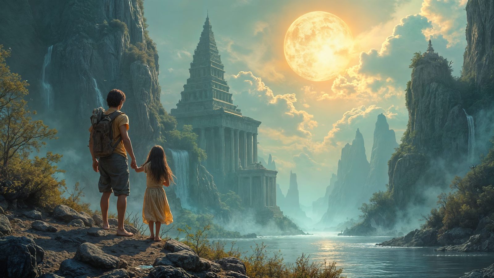 Lost Civilization: Father, Daughter, and Upward Waterfalls