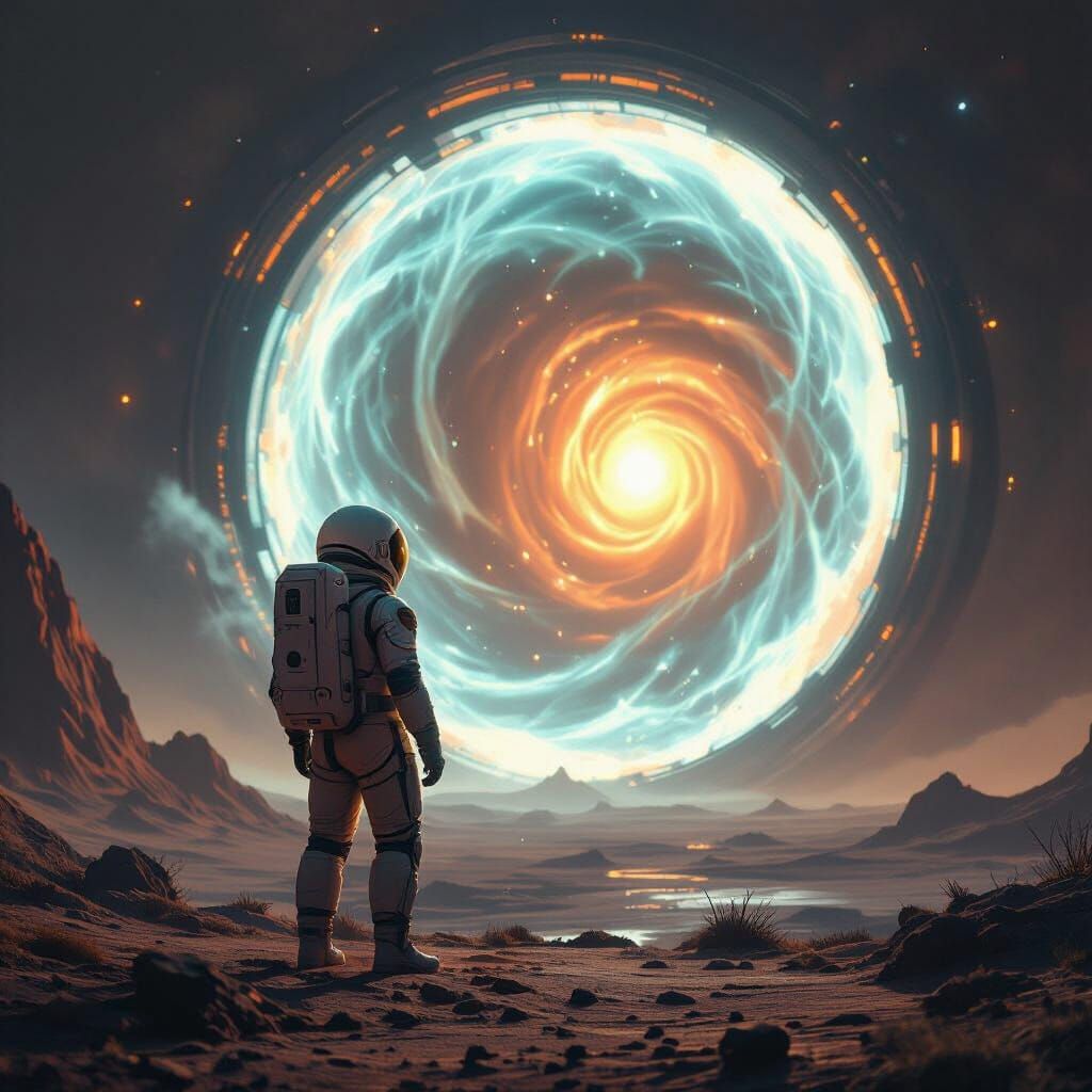 Astronaut Gazing at Bioluminescent Portal on Alien Planet