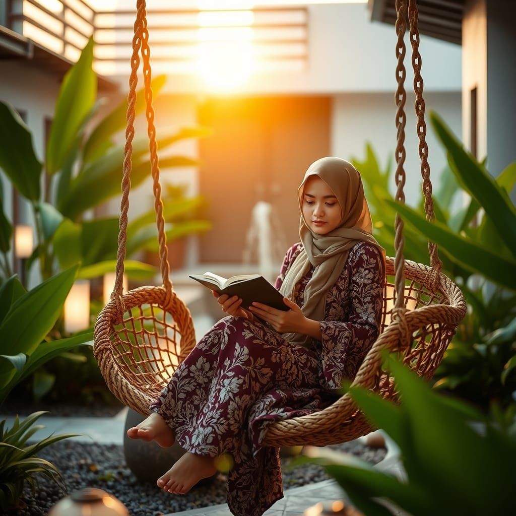 Indonesian Woman Reading in Garden at Golden Hour