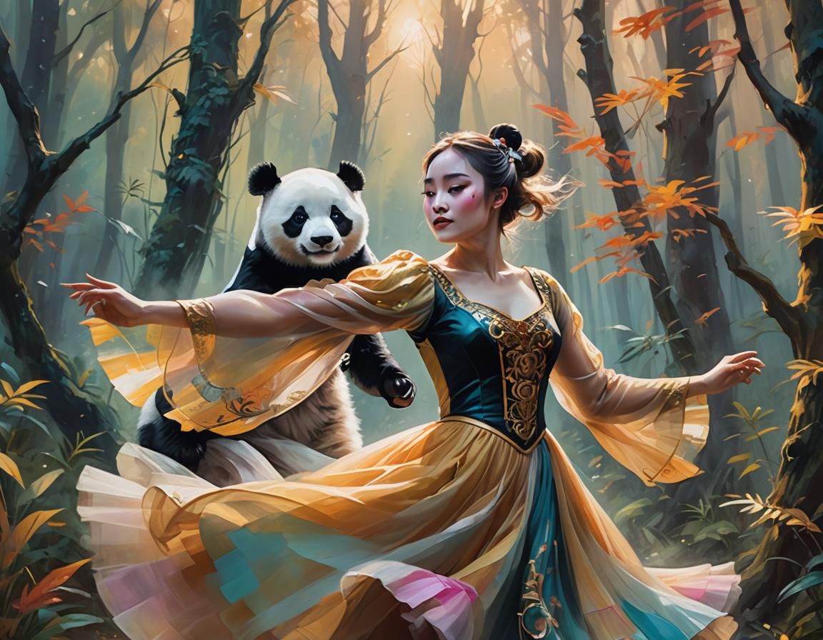 Woman and Panda Dance in Misty Forest, Oil Painting