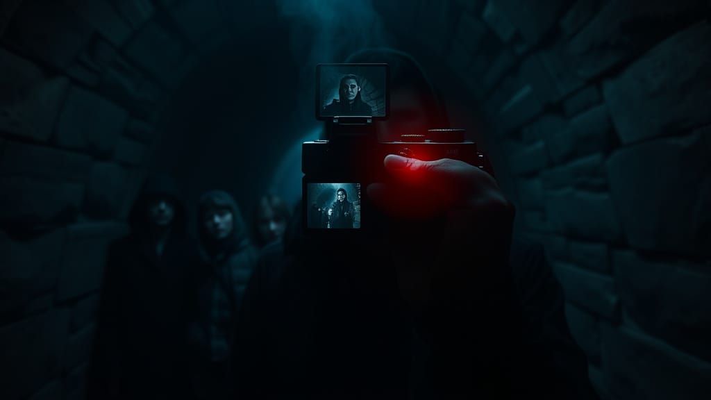 Eerie Red Glow Illuminates Frozen Group in Foreboding Tunnel