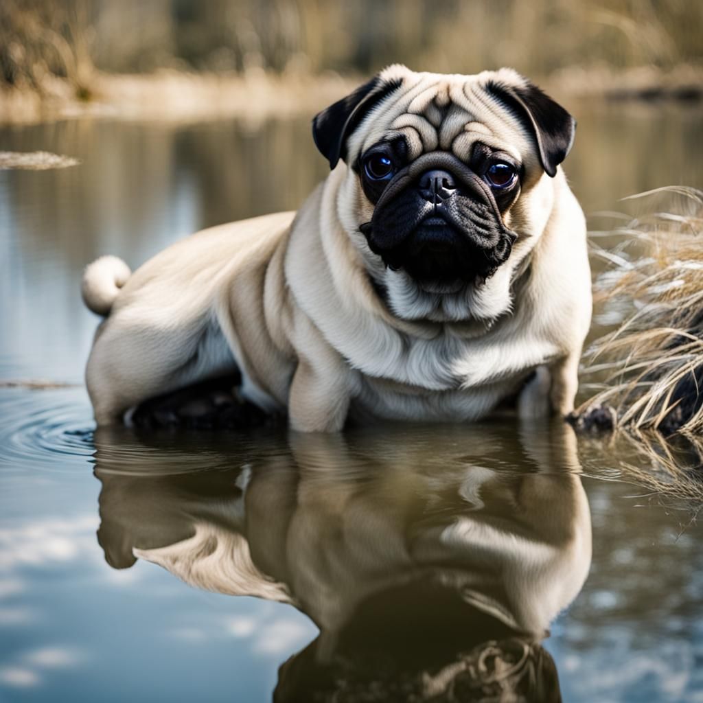 Pug's Serene Reflection in Water