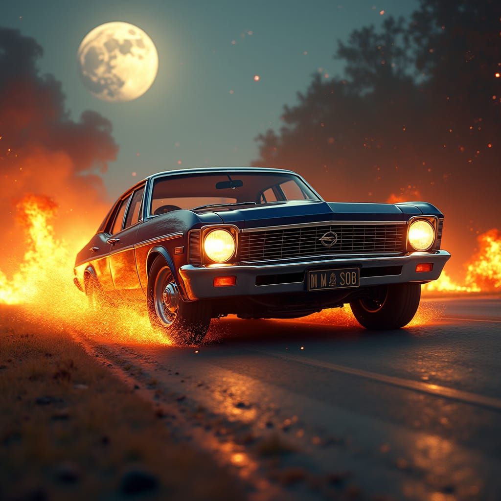 Sleek Car Speeds Through Blazing Inferno Under Lunar Glow