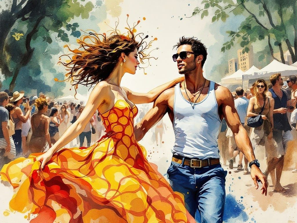 Sensual Festival Dancers in Vibrant Watercolor
