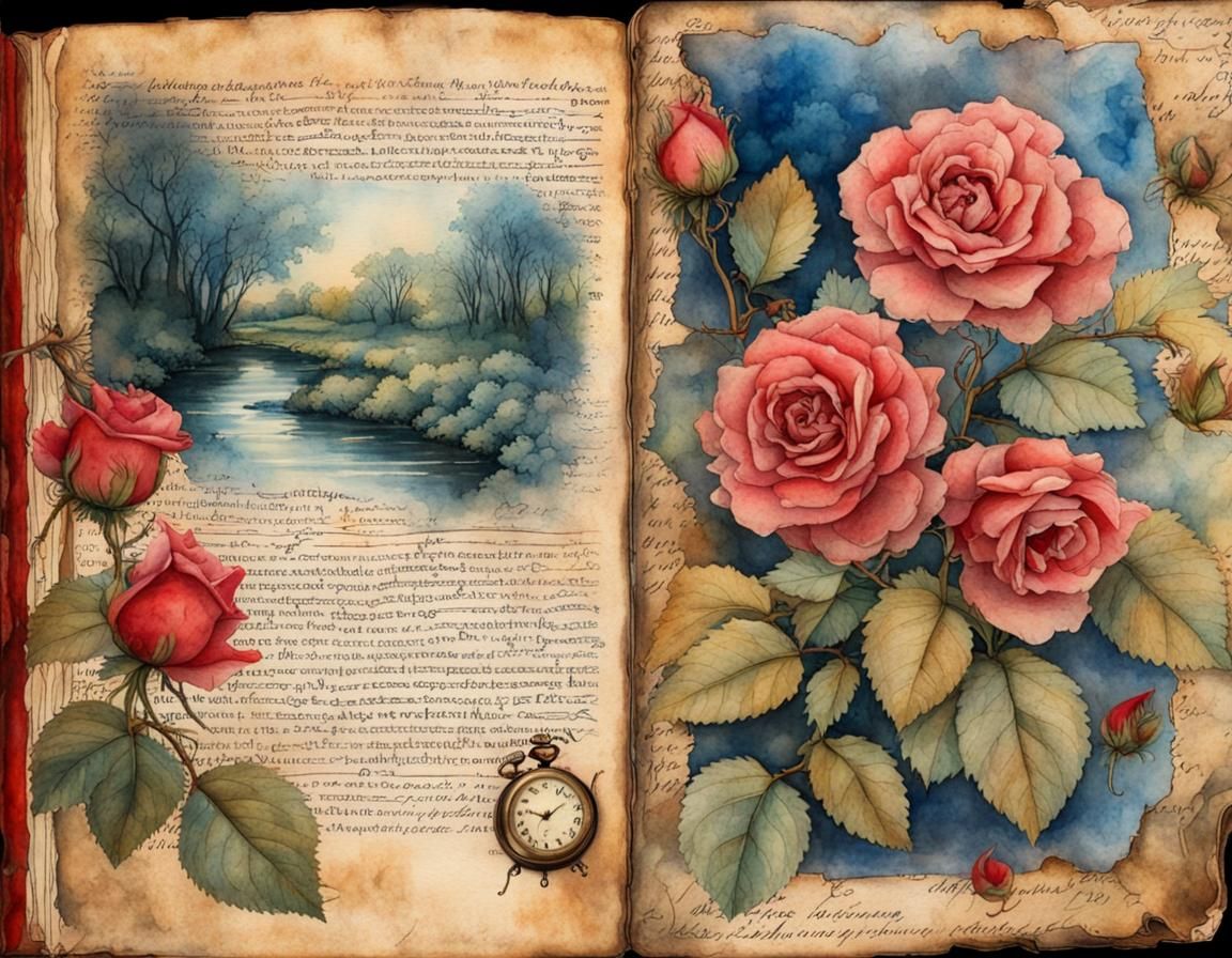Illuminated Journal Page with Roses and Pocket Watch