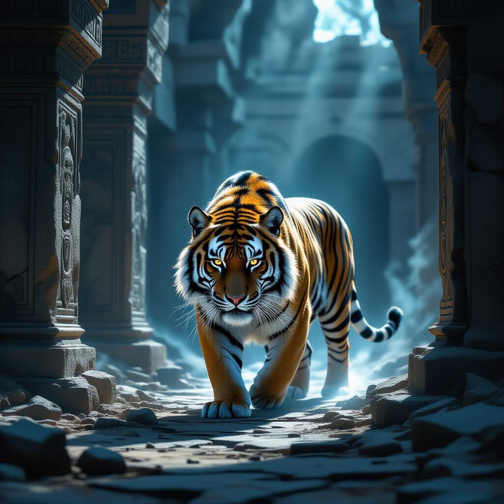 Colossal Ethereal Tiger in Ancient Ruin