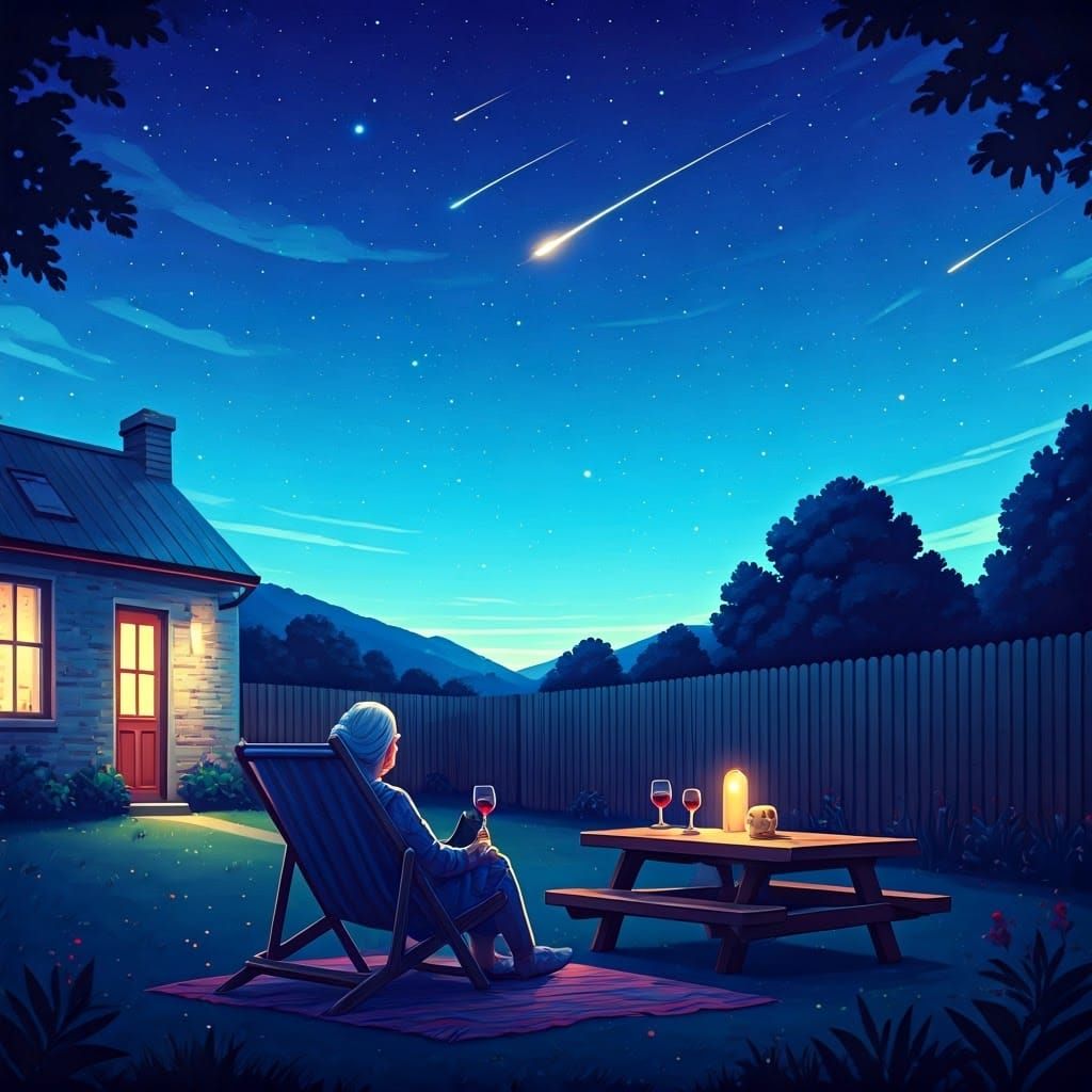 Stargazing Art Illustration with Cat and Wine