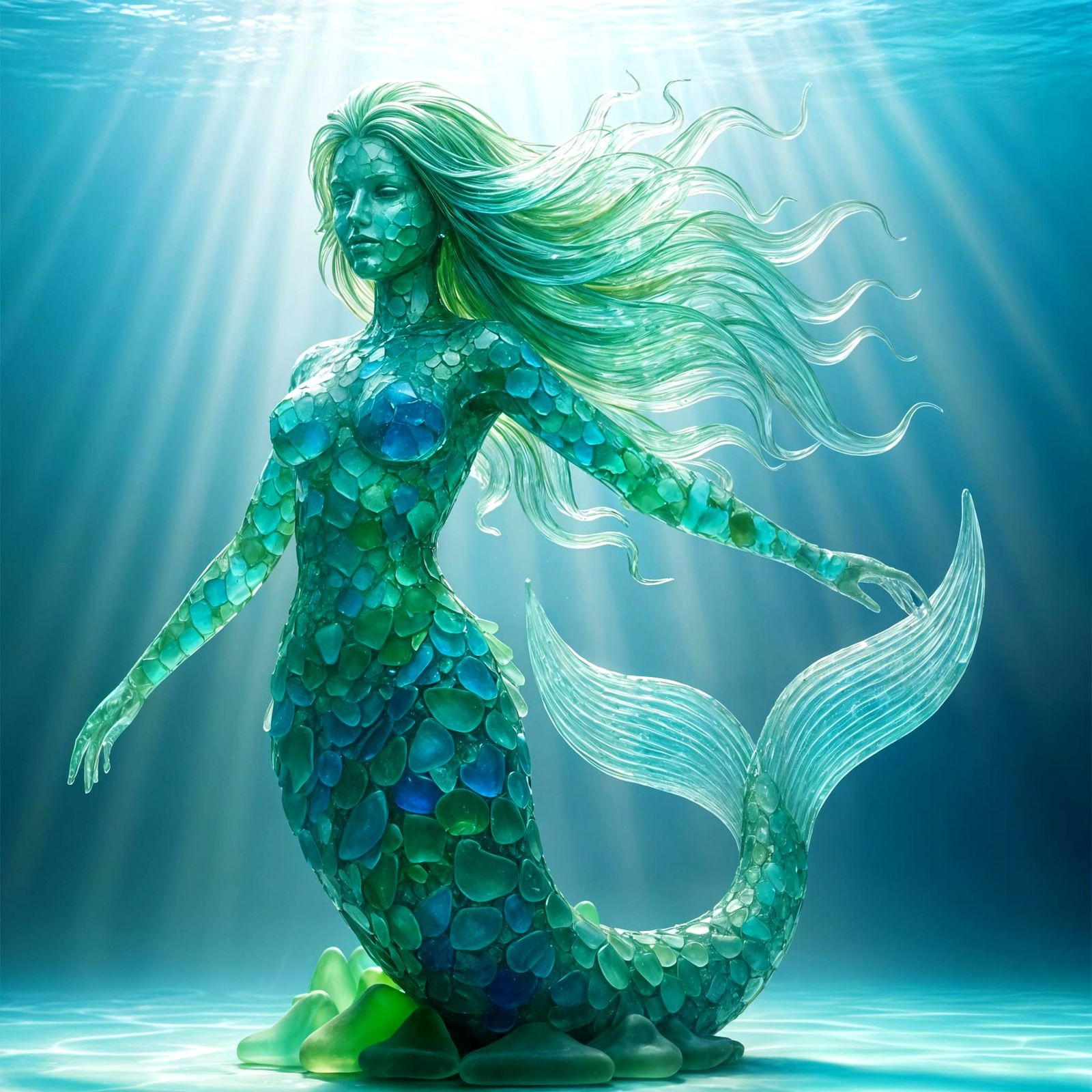 Sea Glass Mermaid Statue: Realistic & Detailed
