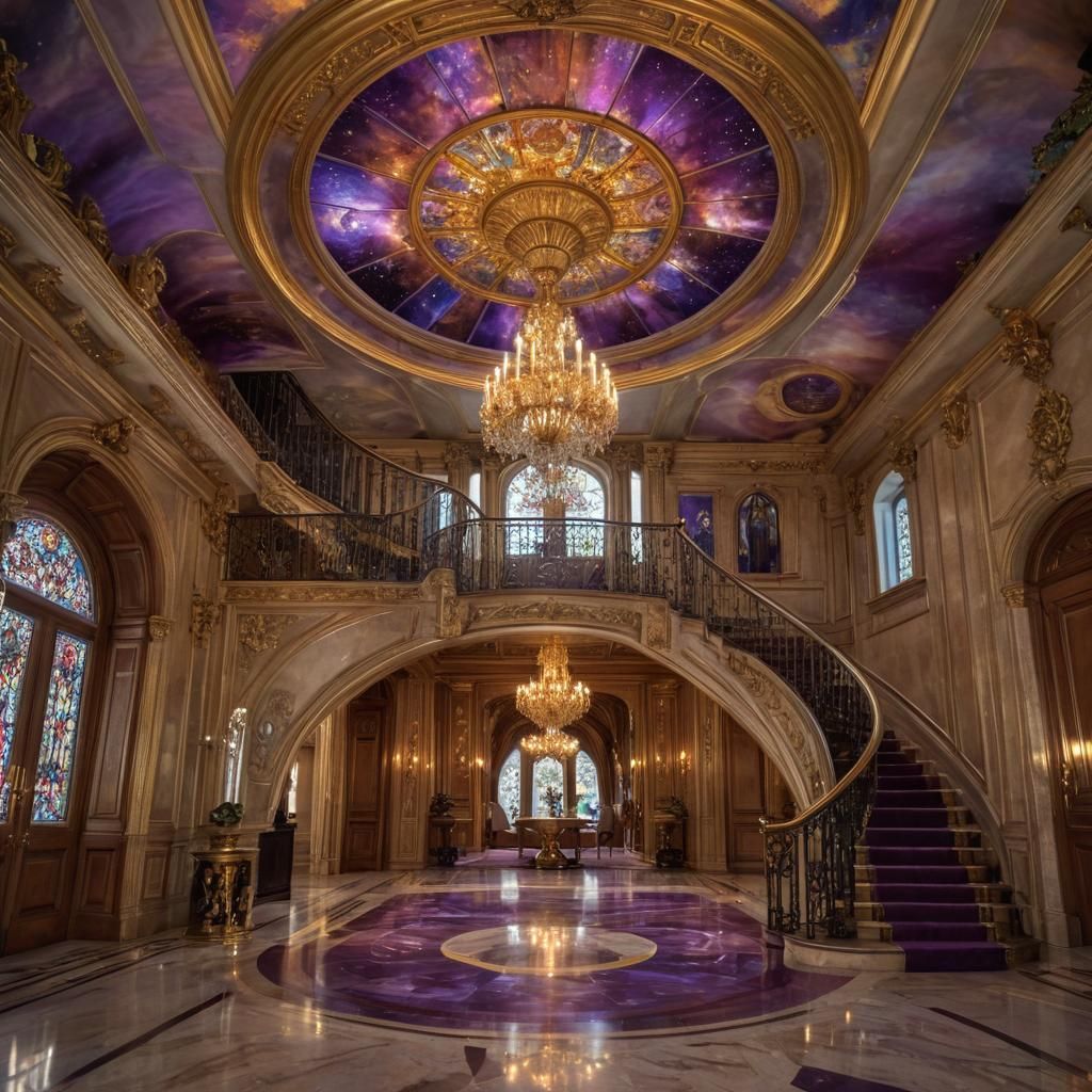 Baroque Stained Glass Mansion with Cosmic Nebula