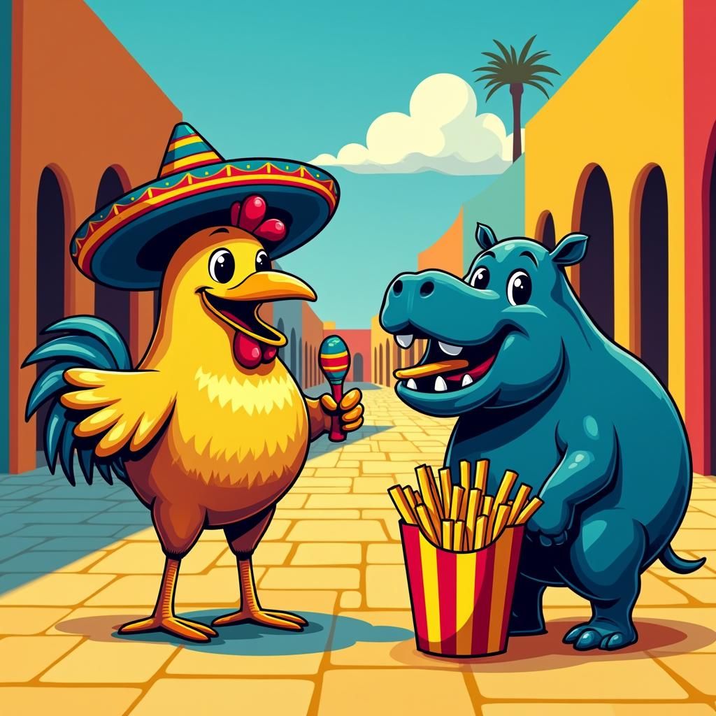 Cartoon Chicken and Hippo in Geometric Plaza