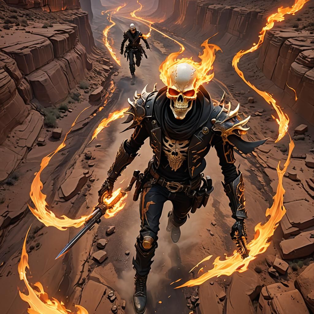 Flaming Skeleton Cowboy in Anime Style Canyon