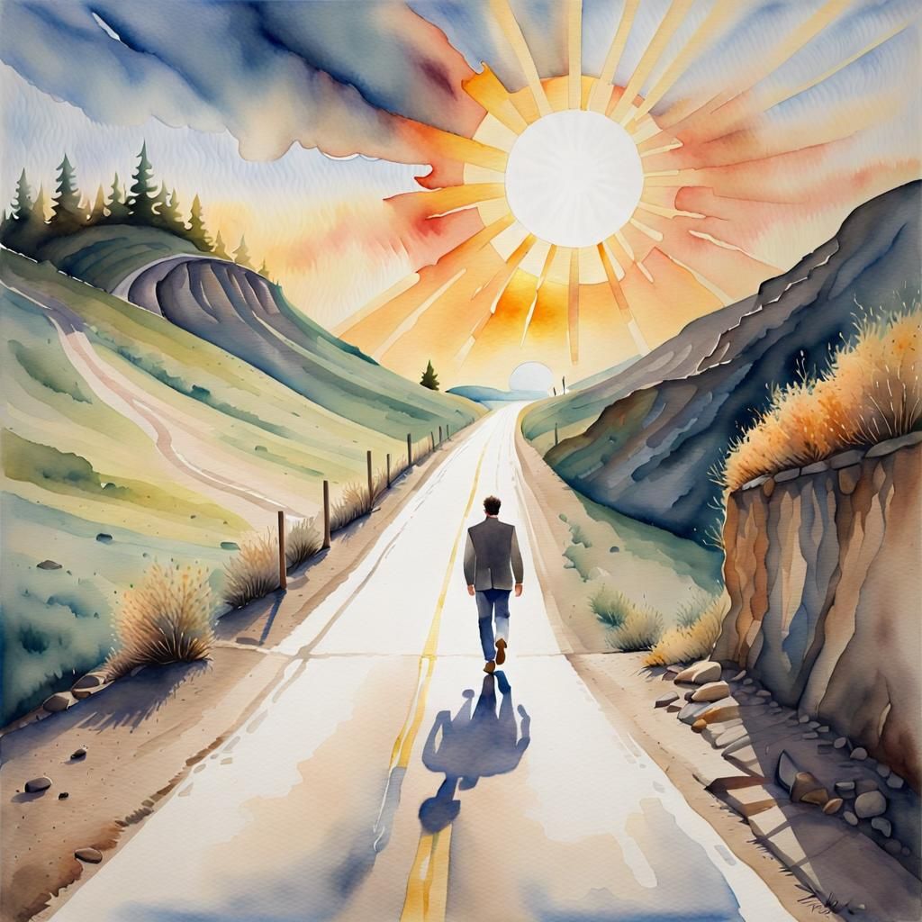 Surreal Watercolor Gouache Painting of Rising Road