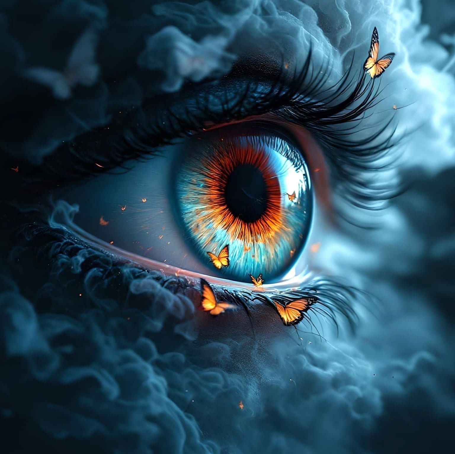 Eerie Smoke Eye with Butterflies, Digital Art