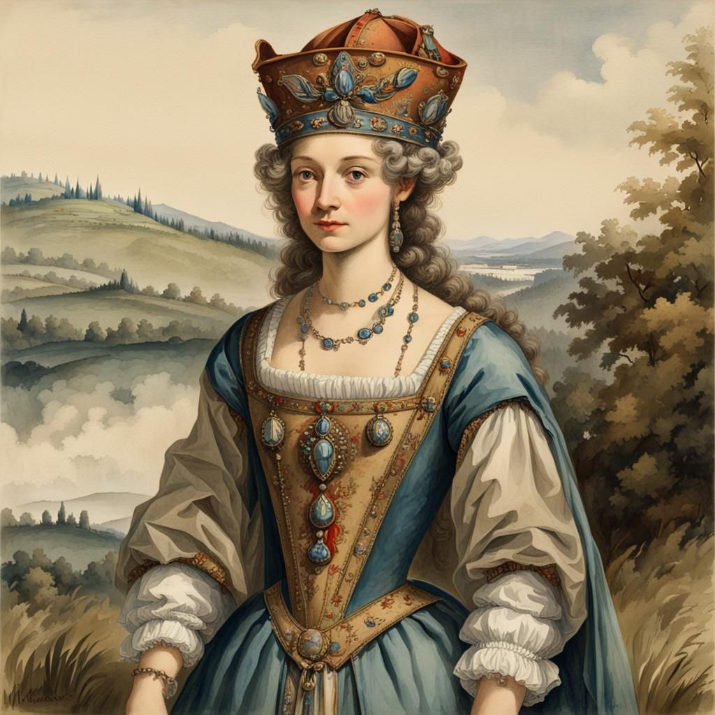 Woman in 11th-Century Dress with Watercolor Filter