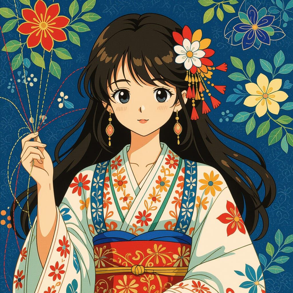 Anime Girl in Embroidered Style