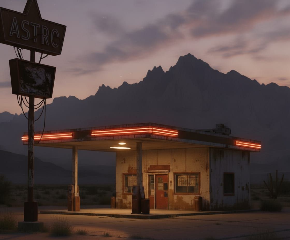 Abandoned Atomic Age Gas Station on Route 66 at Dusk