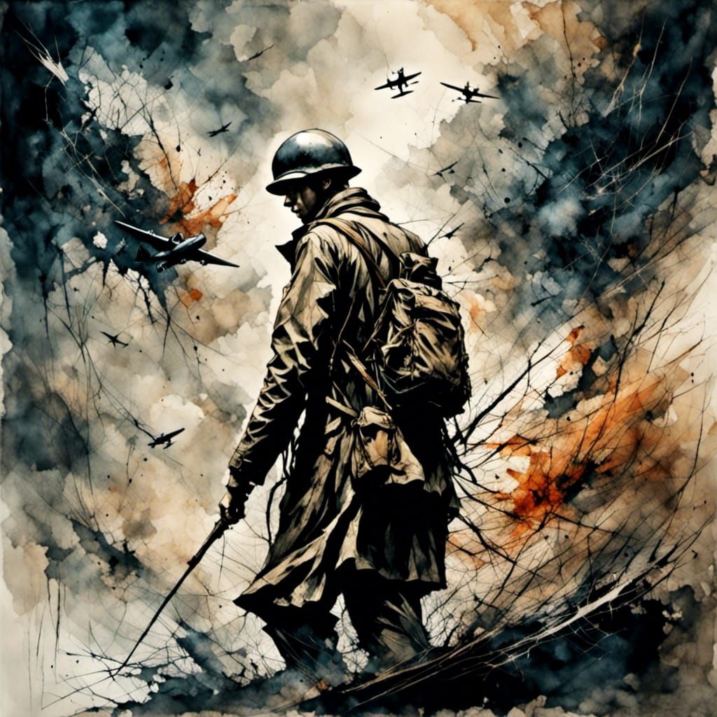 A young soldier on the Battlefield in WWII, airplanes flying, bombs exploding