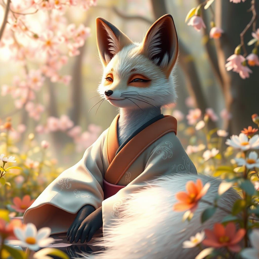 Zen Fox in Forest: Anime-Inspired 3D Render